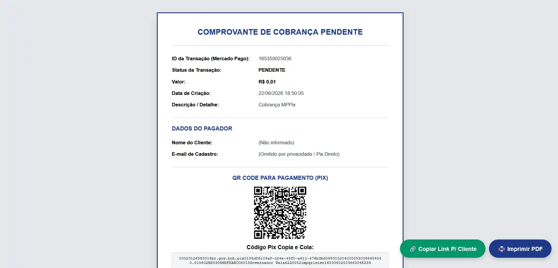 Tela de Pagamento Aprovado MPPix